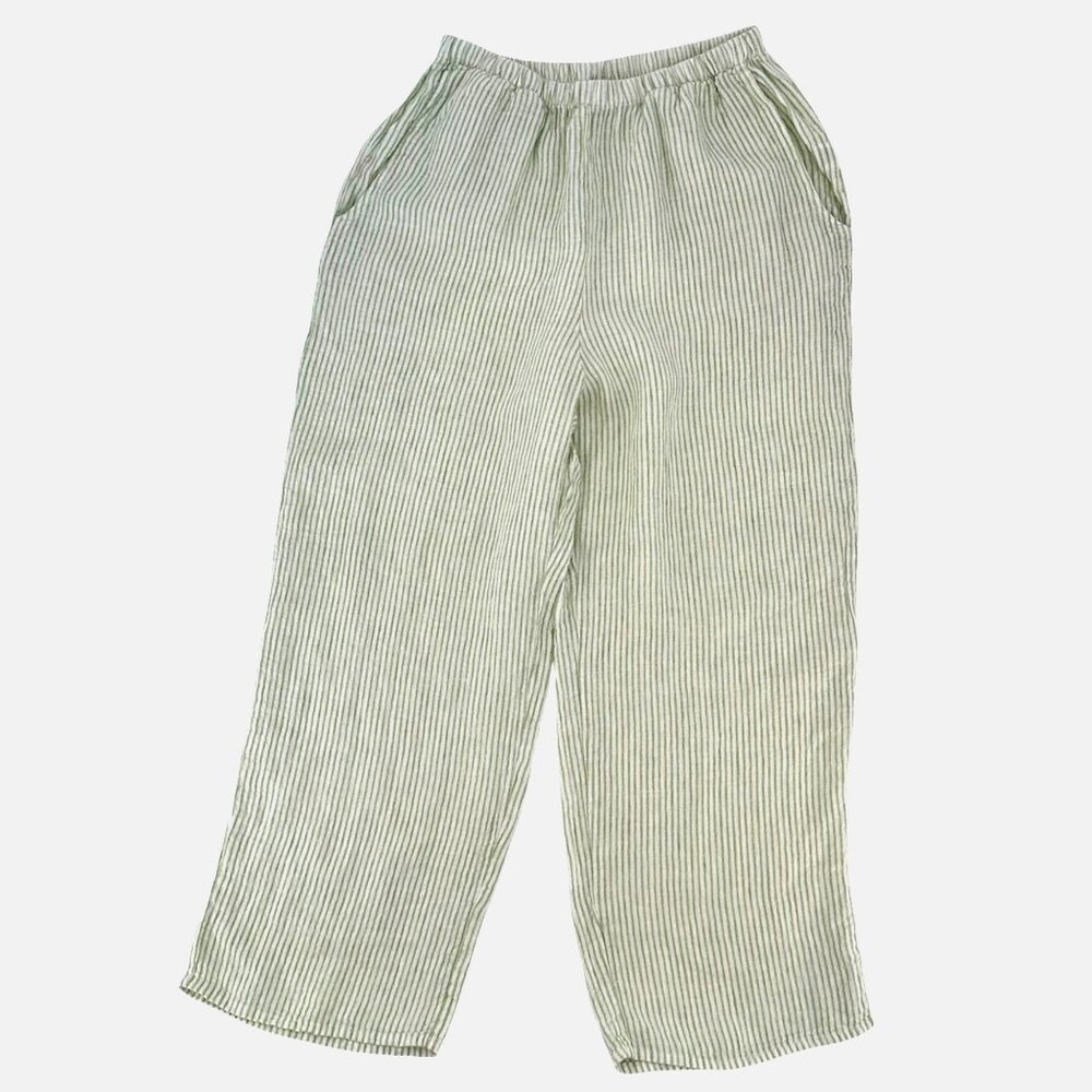 NWOT Flax Womens Striped Linen Wide-Leg Pants With Pockets Green White Small
